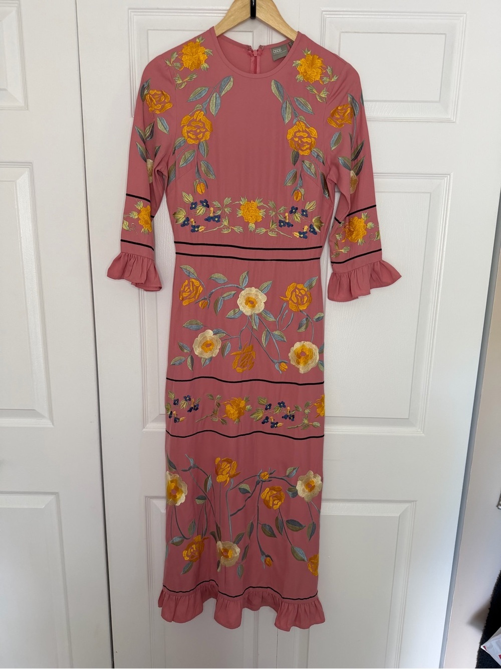 ASOS Pink Floral Embroidered Midi Dress Long Sleeve Women’s Size 2 Bohemian